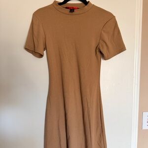 Tan High Neck Short Sleeve Mini Dress